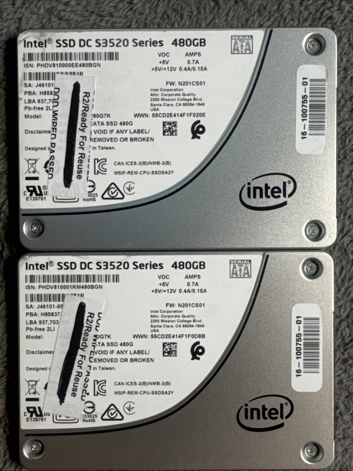 Lot of 2 INTEL SSD DC S3520 SERIES SSDSC2BB480G7P 480GB 2.5" SATA 6Gb/s