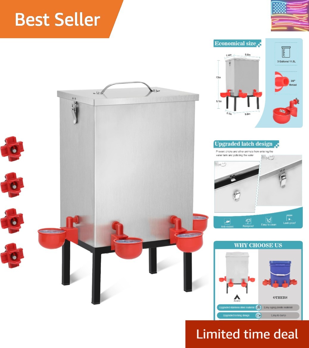 Durable 3-Gallon Stainless Steel Poultry Water Feeder with Automatic System