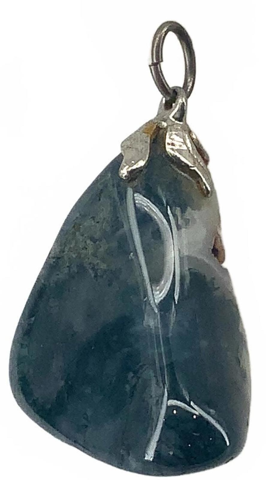 Vintage Moss Agate Glass Art Deco Style Pendant Blue Green Silver Tone Small