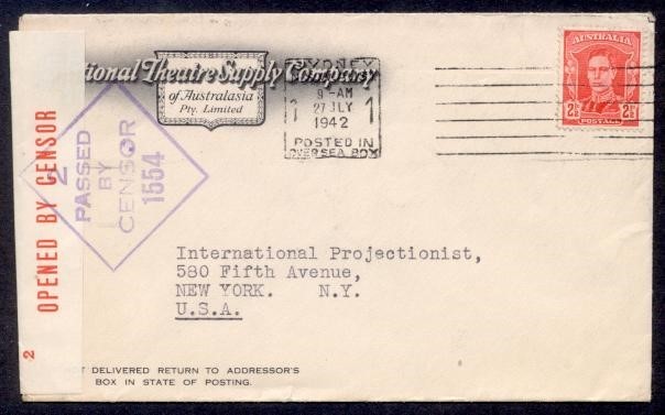 AUSTRALIA 1942 THEATRE SUPPLY CENSORED TO USA