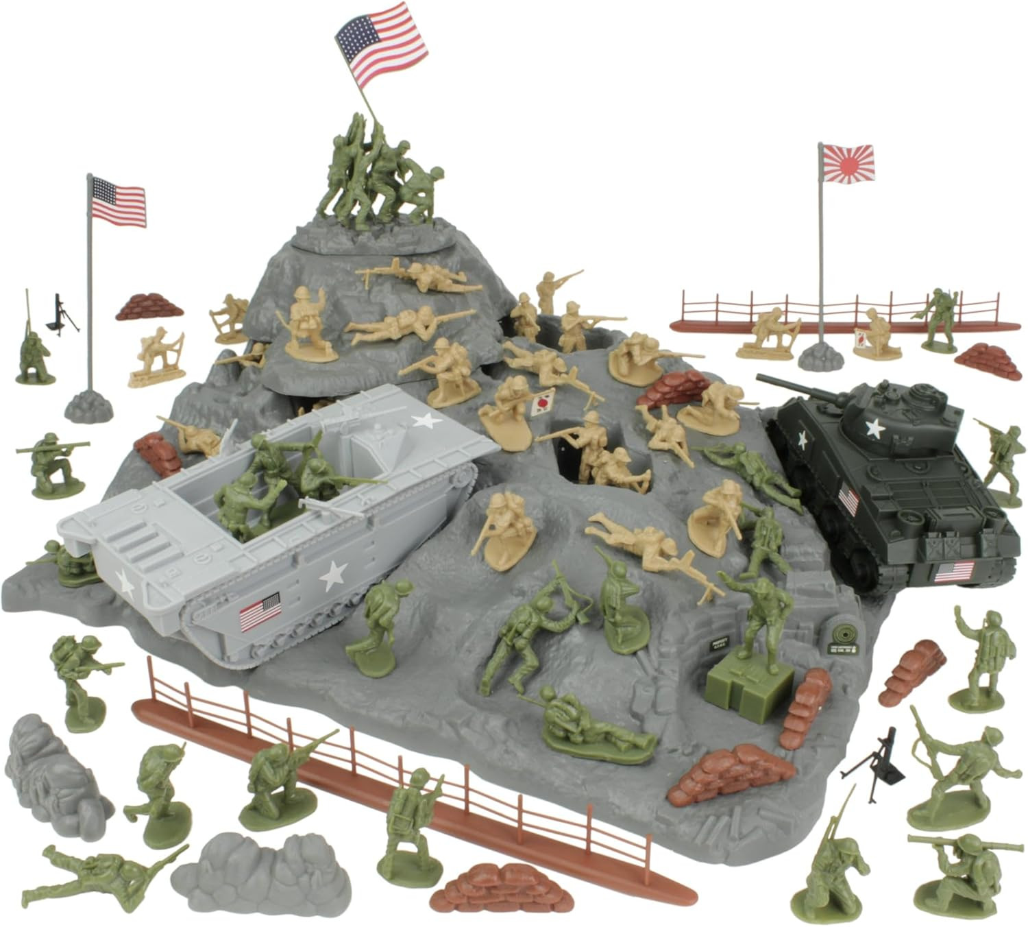 BMC WW2 Iwo Jima Plastic Army Men - Island, Tanks & Soldiers 72Pc Playset