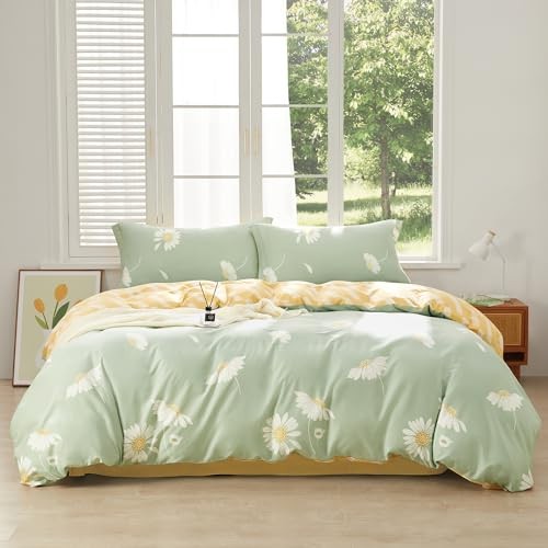  Green Duvet Cover Set Queen Size 3pcs Floral Queen (90"x90") White Daisy