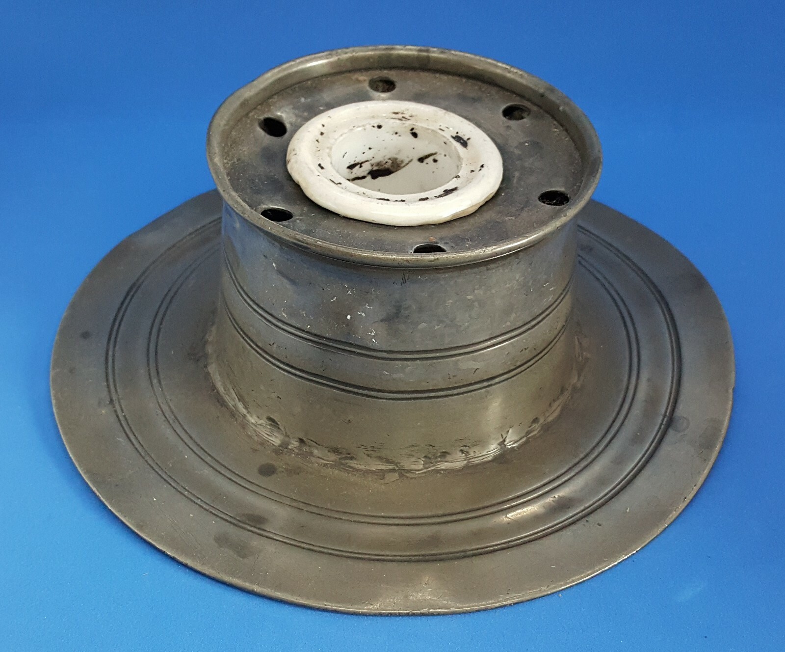 Pewter vintage Victorian antique round drum capstan / ships inkwell C