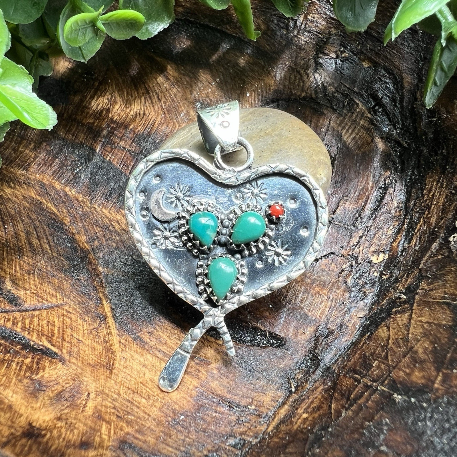 Sterling Silver Turquoise Snake Cactus Heart Pendant Southwestern Desert Jewelry