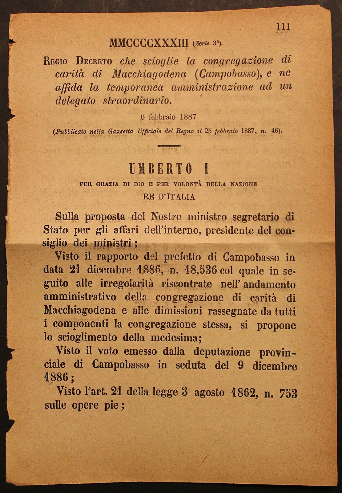 ROYAL DECREE - Dissolved Congregation of Charity of Macchiagodena - 312