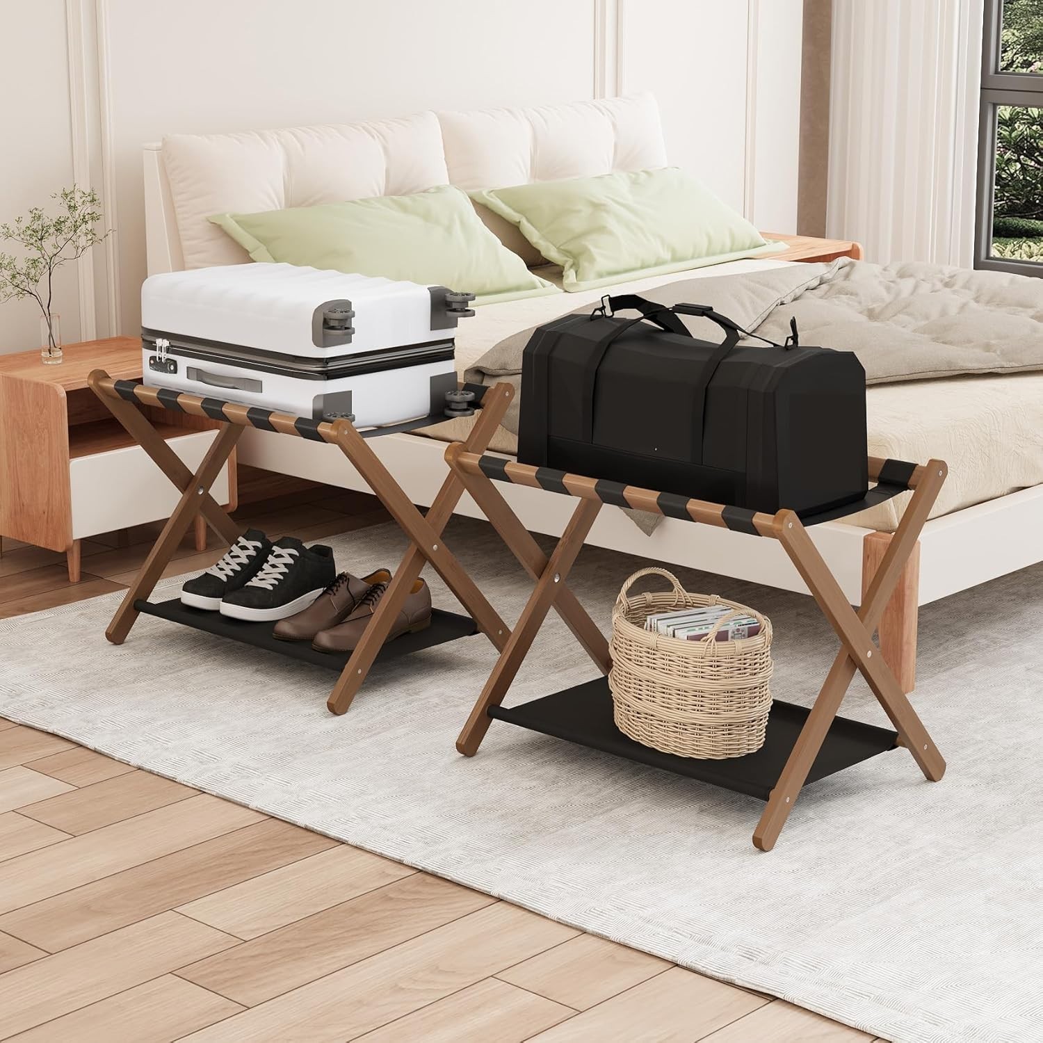 Walnut Bamboo Luggage Rack Pack of 2, Foldable Suitcase Stand with Storage Shelf