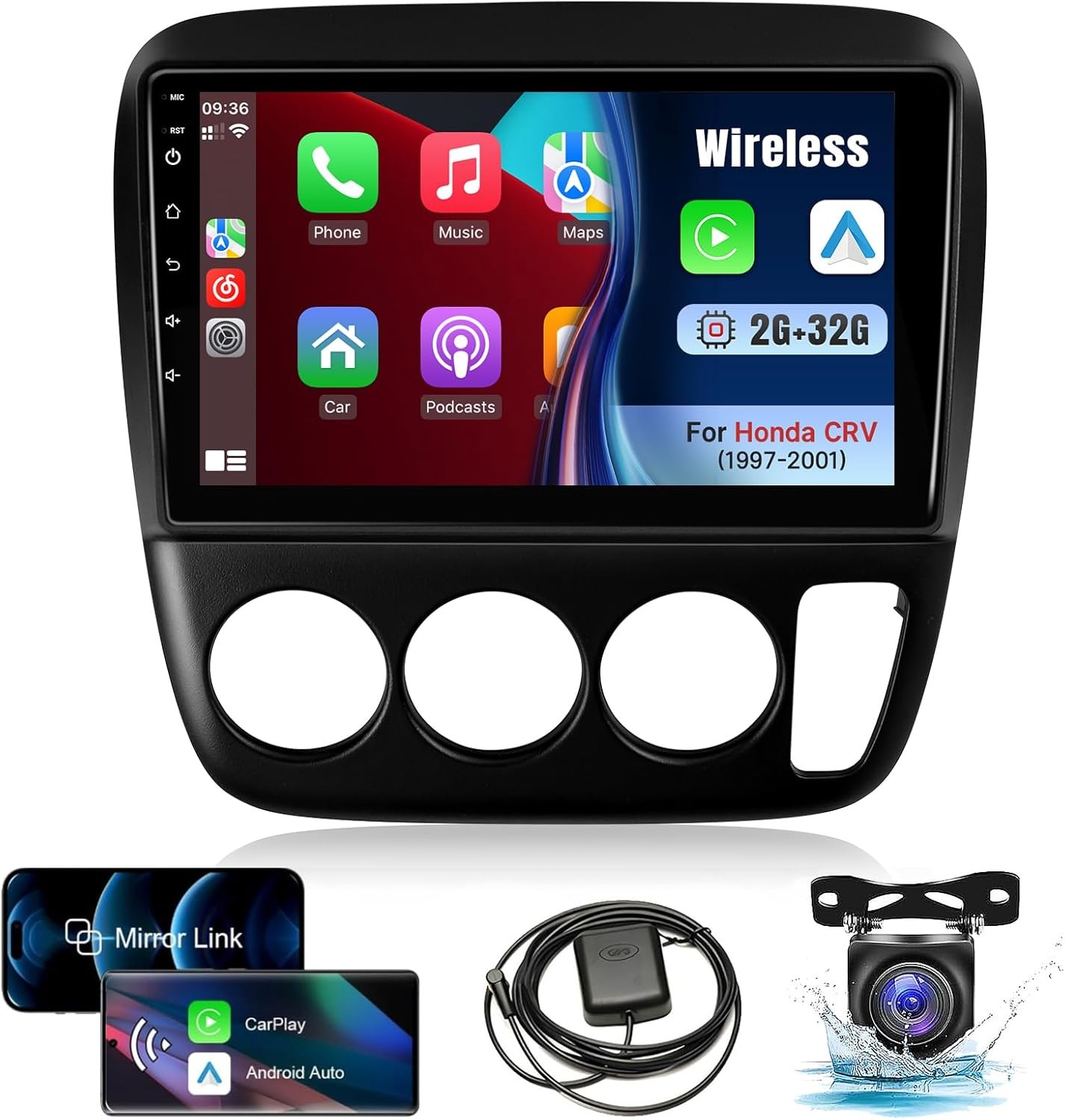 Car Stereo Radio for Honda CRV 1997-2001 with Wireless CarPlay Android Auto, 9