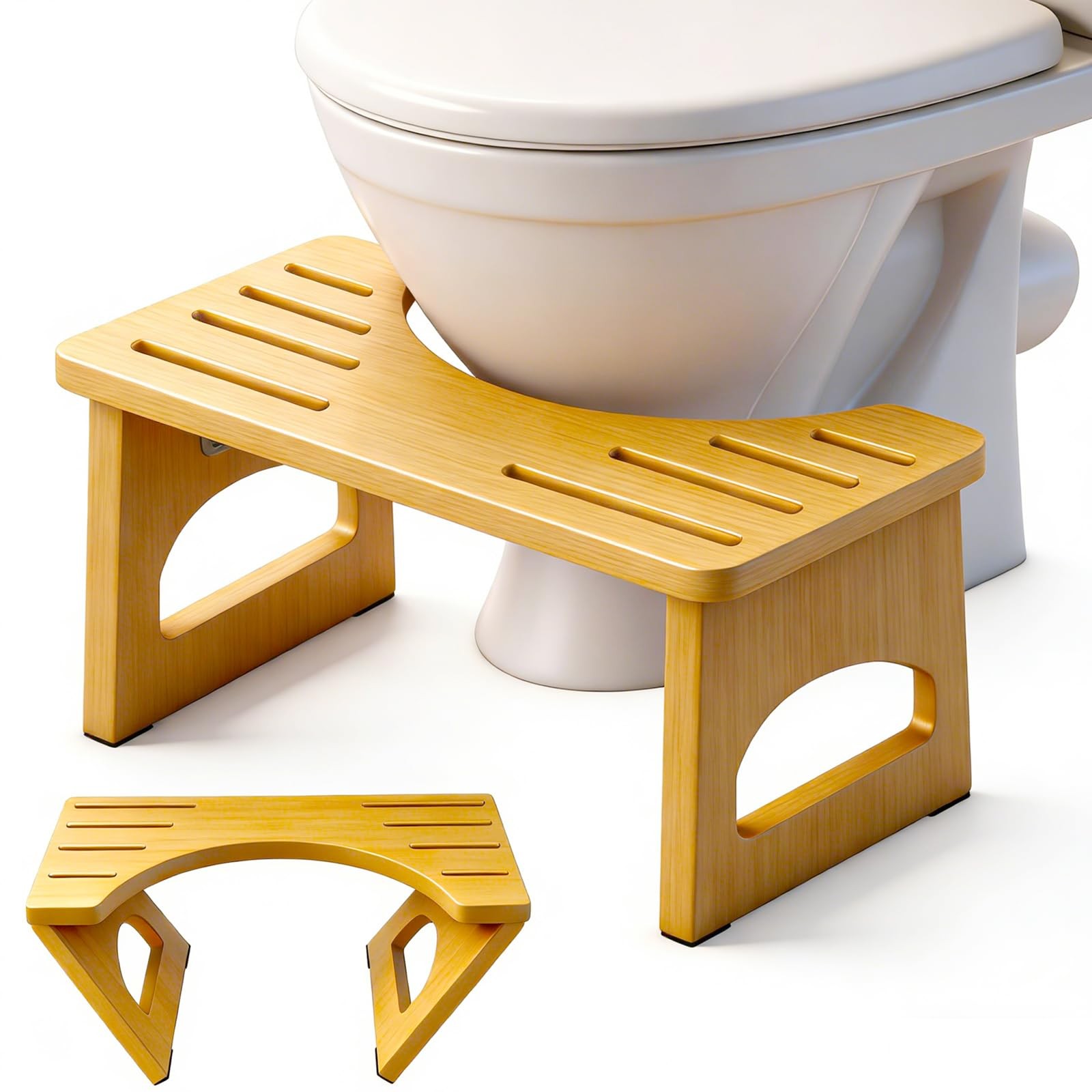 Foldable Toilet Stool, 7 Inch Poop Stool for Bathroom, Bamboo Toilet Stool Sq...