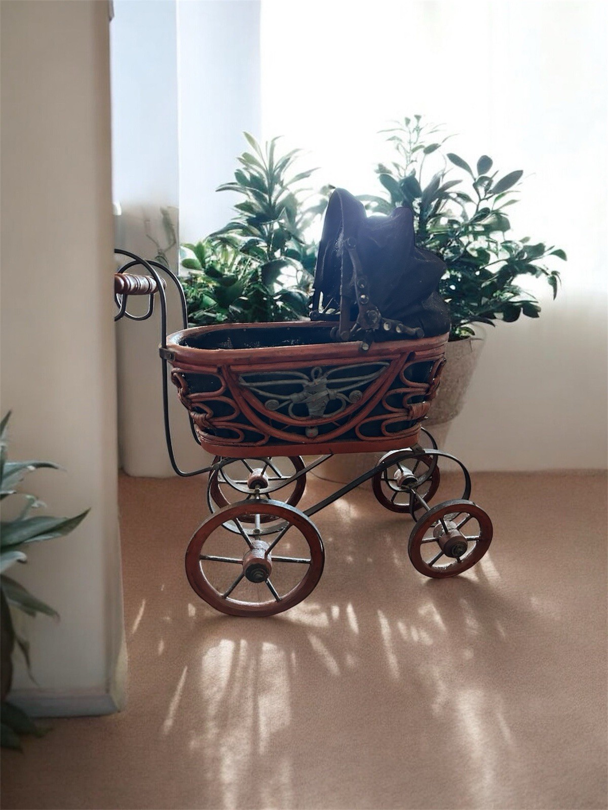 Antique Victorian Baby Doll Stroller Vintage Wicker Wood Iron Baby Doll Carriage