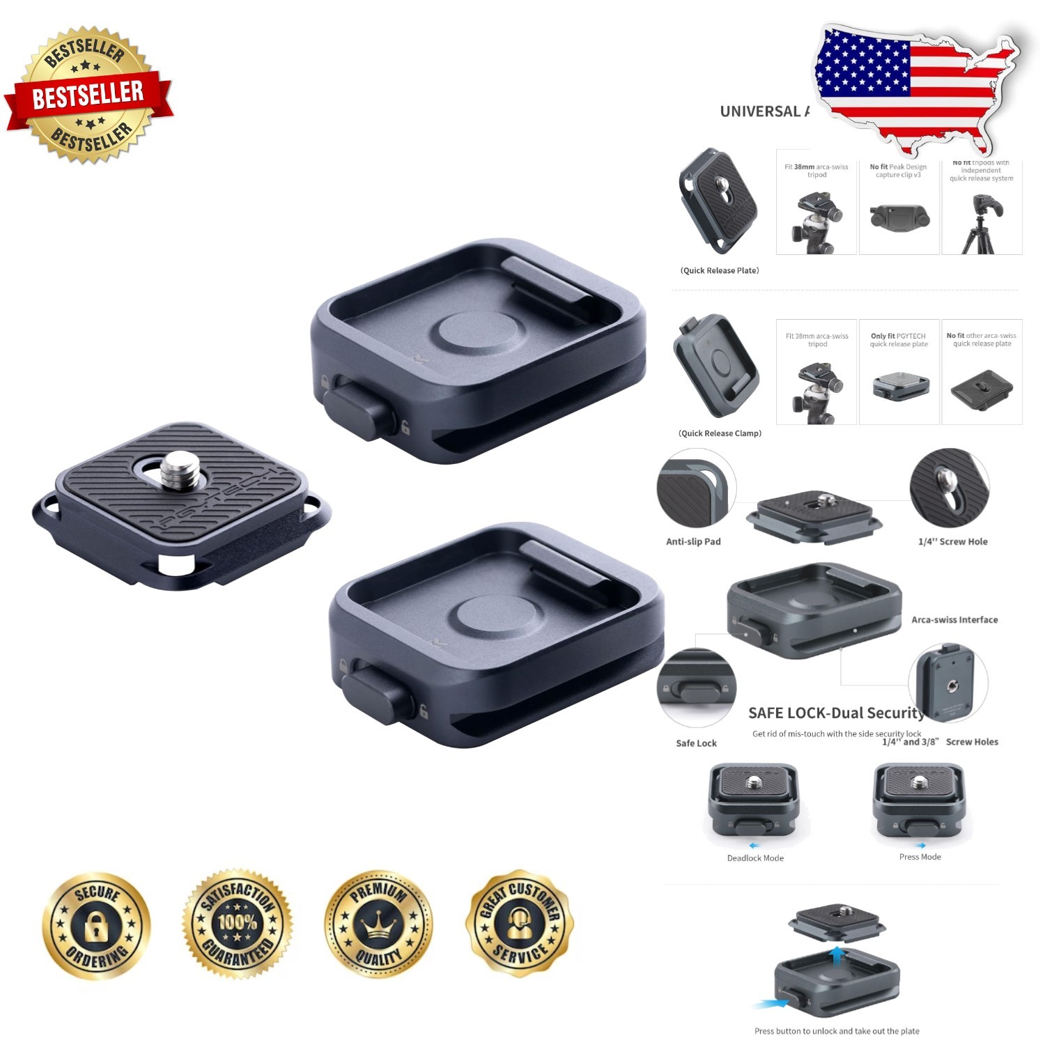 Universal Camera Mount Plate - Quick Release, Secure Lock, Arca Swiss Compatible