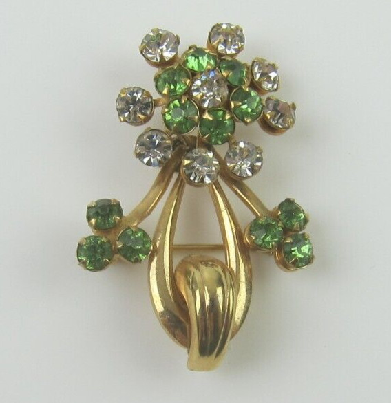 Vintage Gold Tone Pin Brooch Green & Clear Rhinestone Flower Estate Jewelry