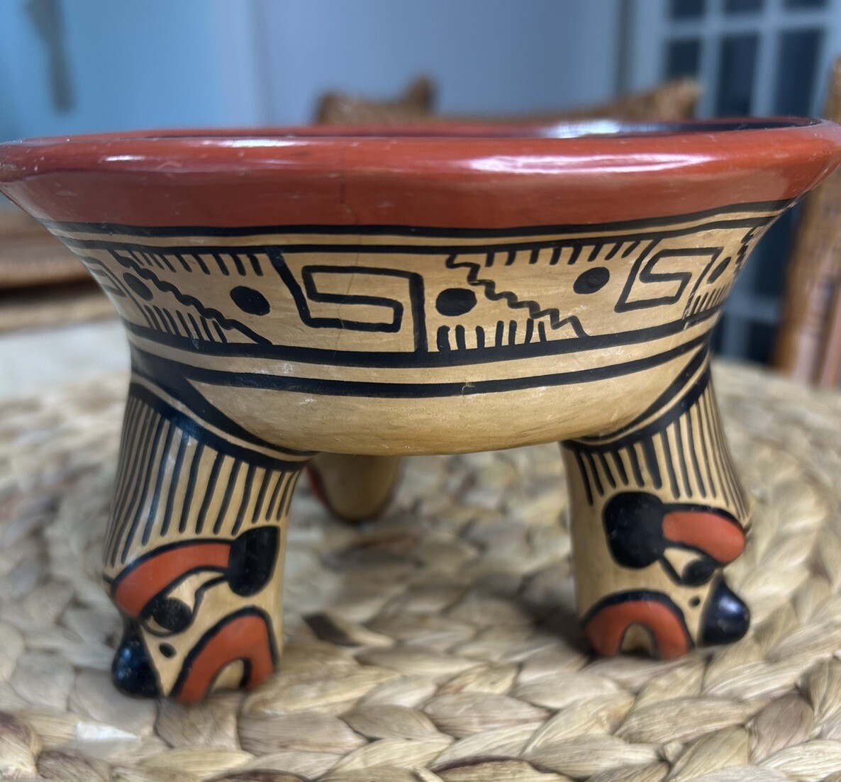 Tribal Bowl Ceremonial Maya- Azteca 3 Foot Hand Painted Jaguar Heads Green Rust