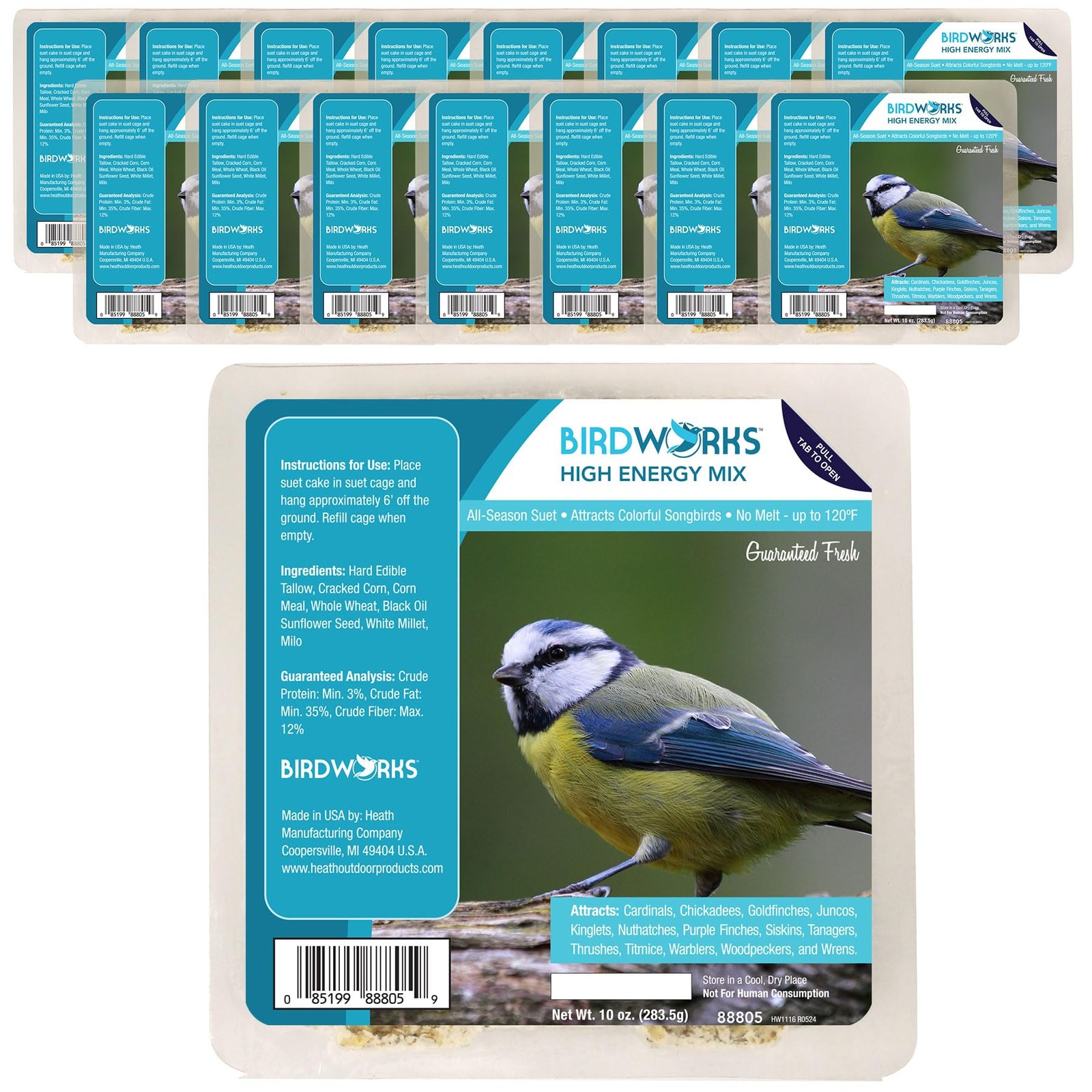 High Energy All-Season No Mess Suet Cake for Woodpeckers & Wild Birds - 16 Pack