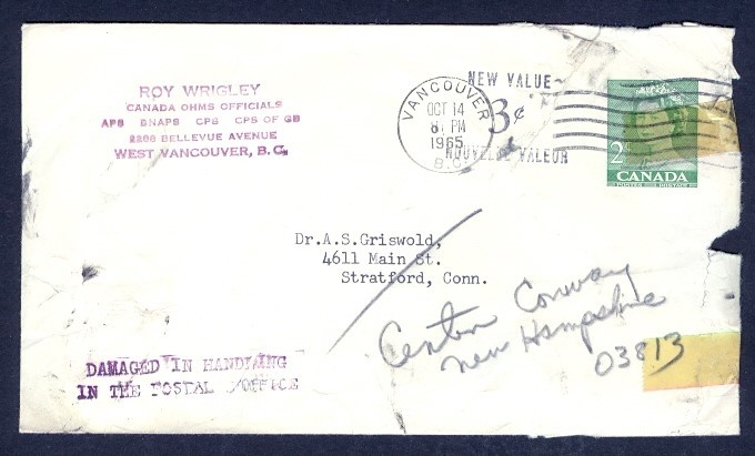 CANADA #EN77 1965 DAMAGED IN POSTAL OFFICE TO USA
