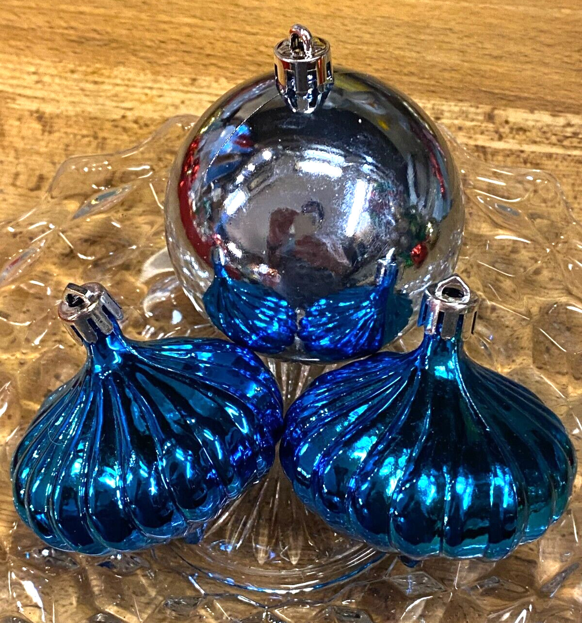 3  Shiny Blue Ball & Drop Plastic Christmas Ornaments 2"
