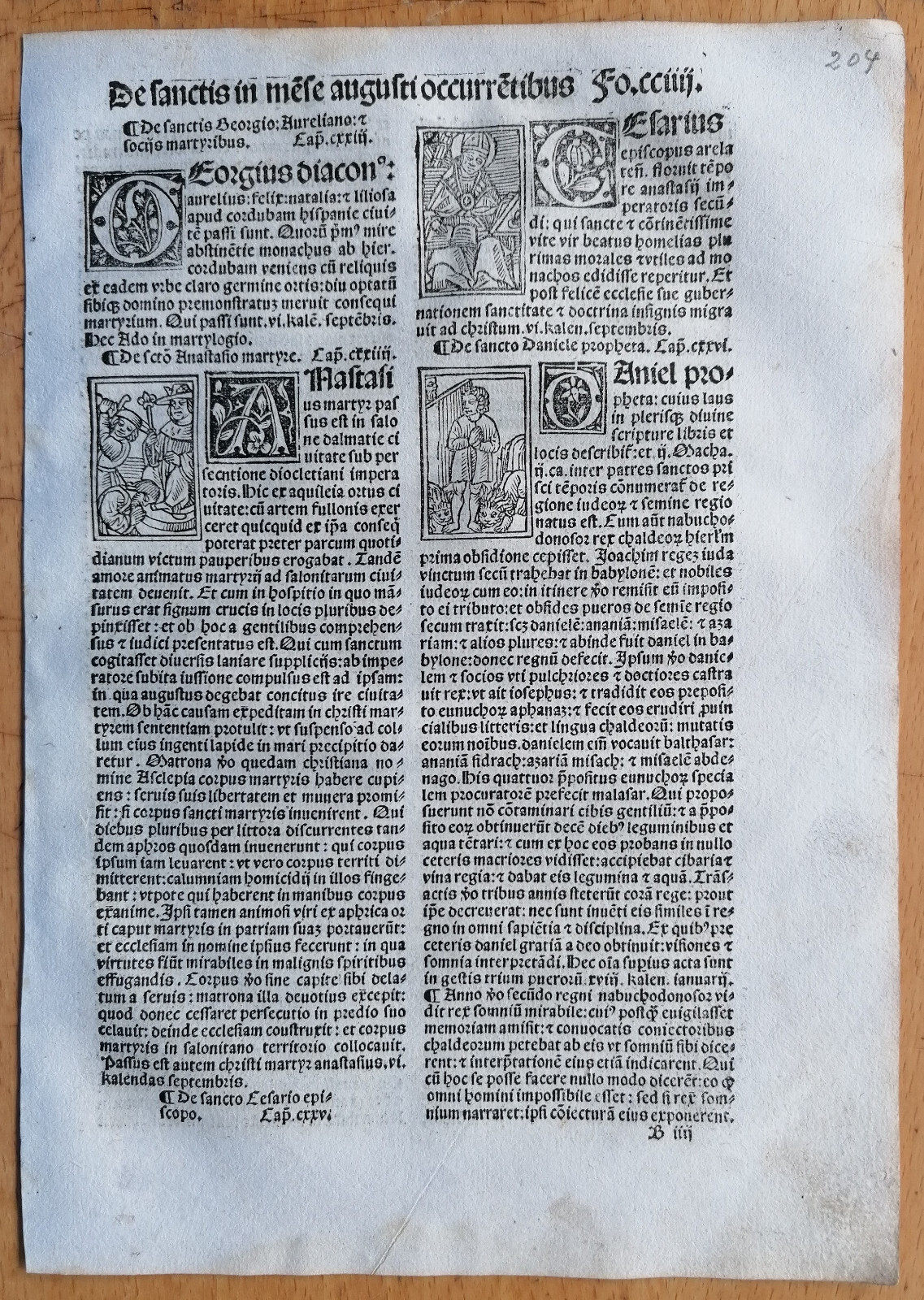 Saint Anastasius Daniel - Post Incunable Woodcut Leaf P. Natalibus - 1508