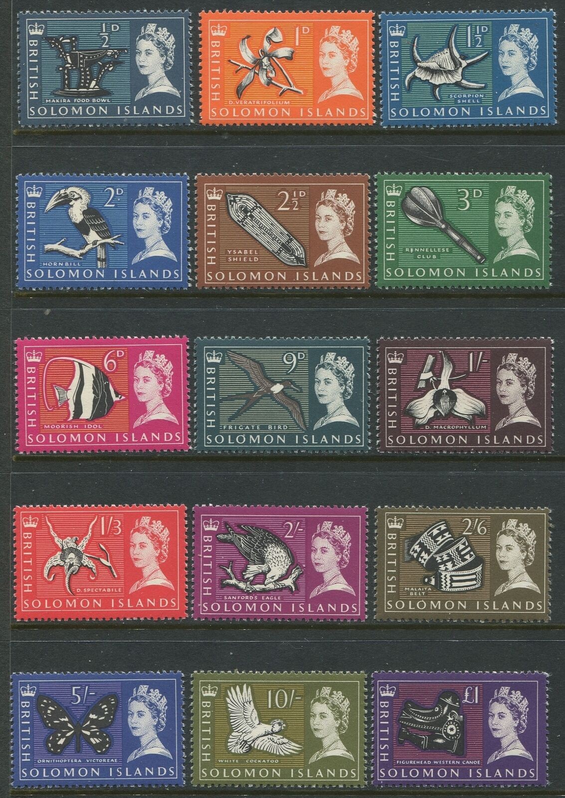 Solomon Islands 1965 SG112-126 Birds Fish Flowers Artefacts set MNH