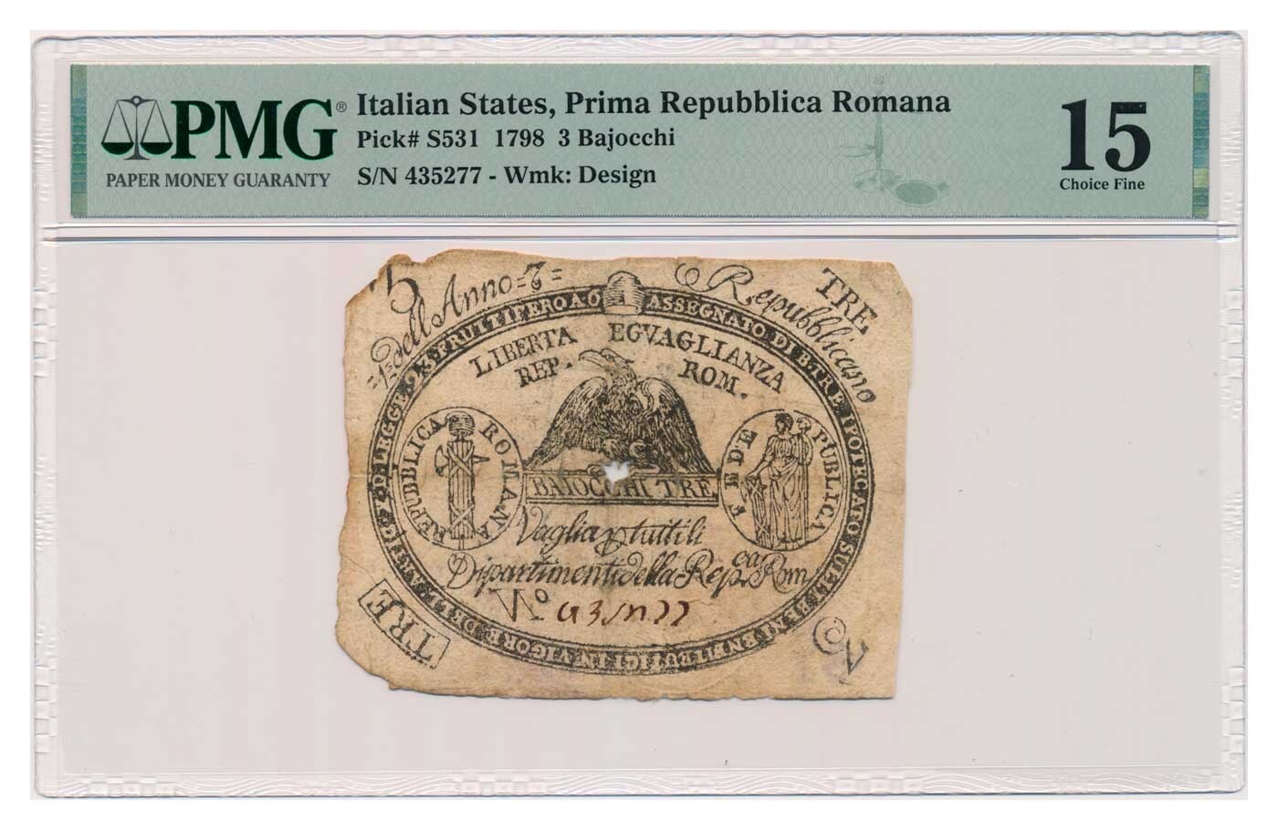 ITALIAN STATES (REPUBLICA ROMANA) banknote 3 Bajocchi 1798 PMG F 15 Choice Fine