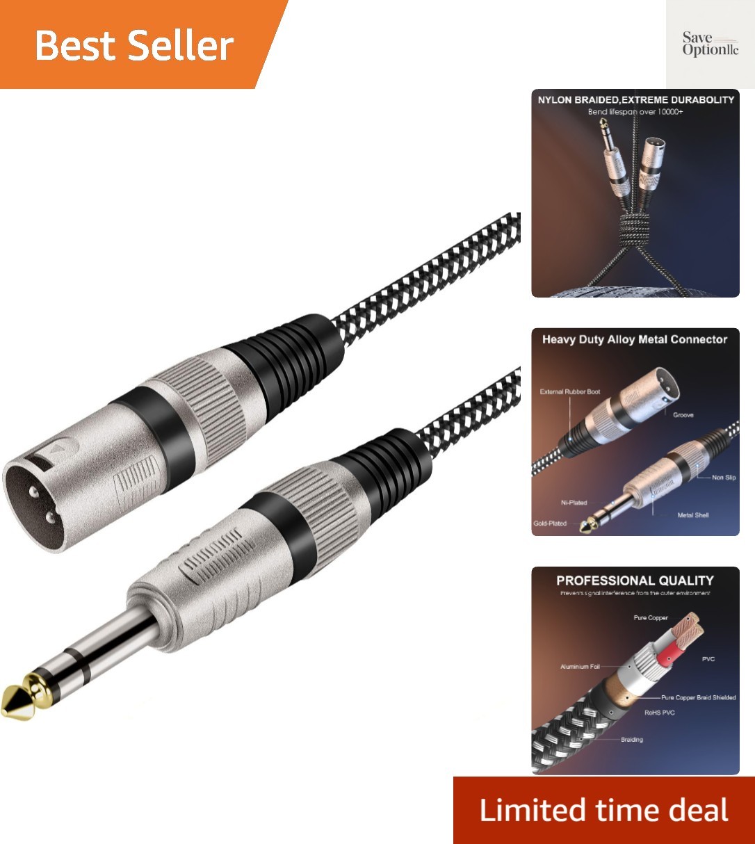 XLR Male to 1/4 Inch TRS Cable 30 FT, Nylong Braided XLR 3 Pin Male to Quarte...