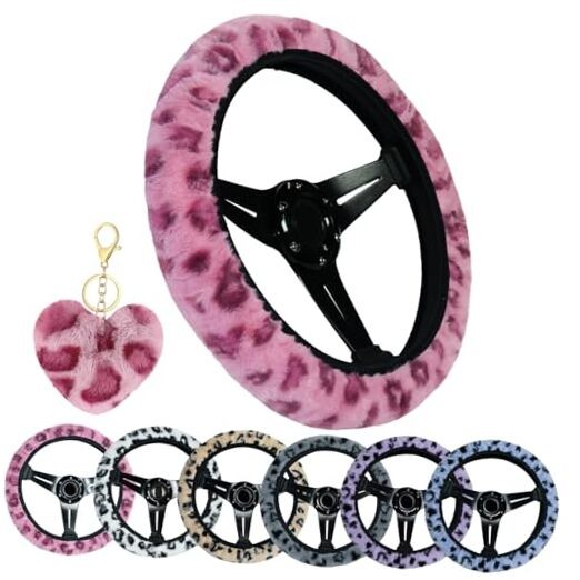 Leopard Steering Wheel Cover with Keychain, Elastic Fuzzy Fur Cheetah Car Pink