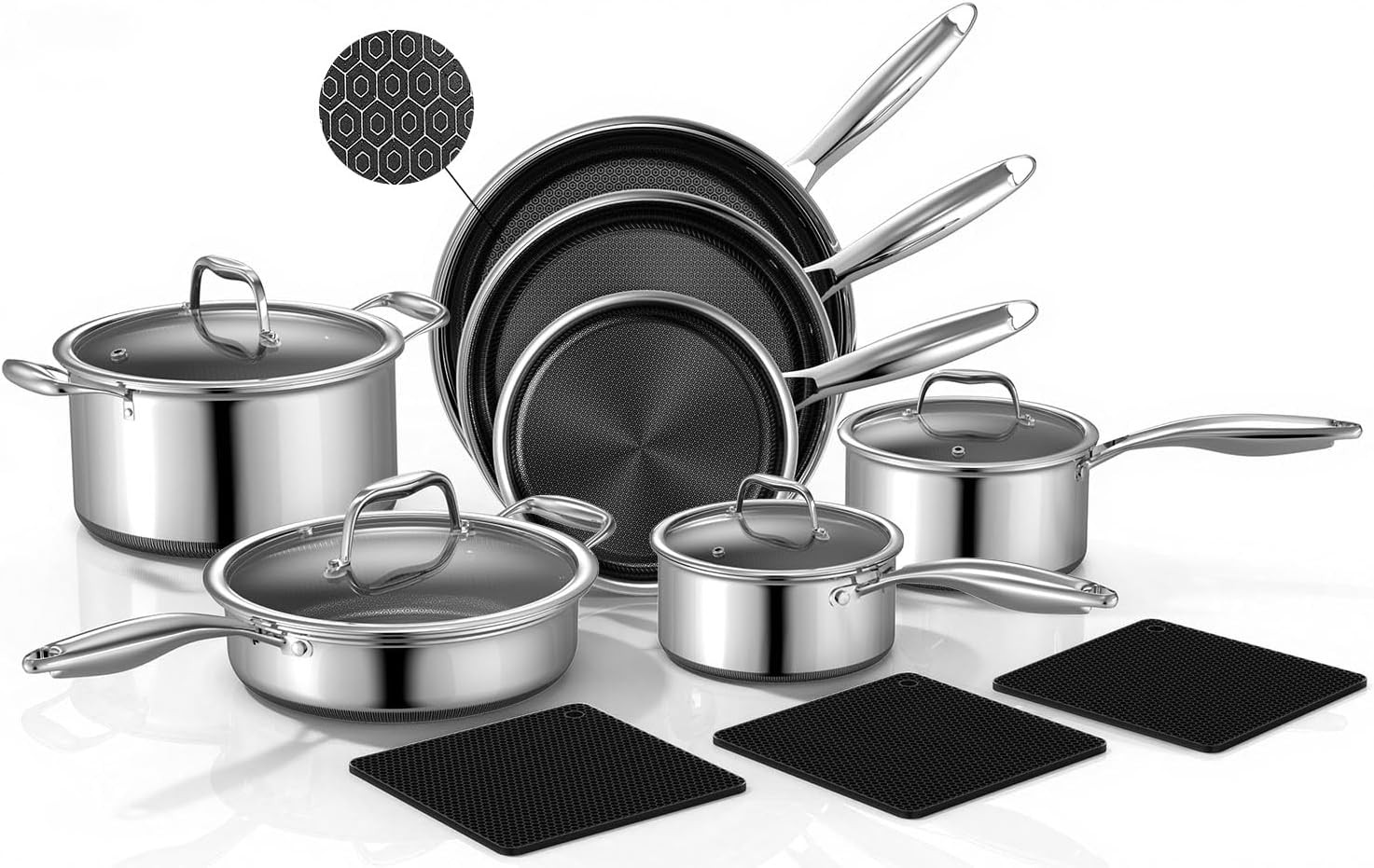 14-Piece Hybrid Stainless Steel Cookware Set, Non-Stick Pots and Pans Set with 3