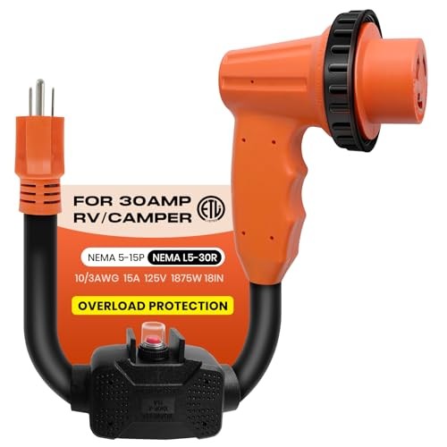 Overload Protection RV 30 Amp to 110 Adapter Cord with Circuit Breaker, 15 