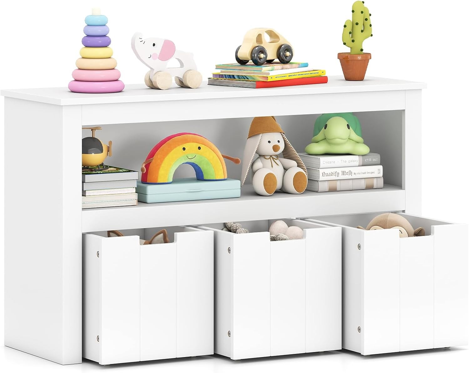 Costzon Toy Storage Organizer W/Drawers, Wooden Toy Shelf with 3 Removable Drawe