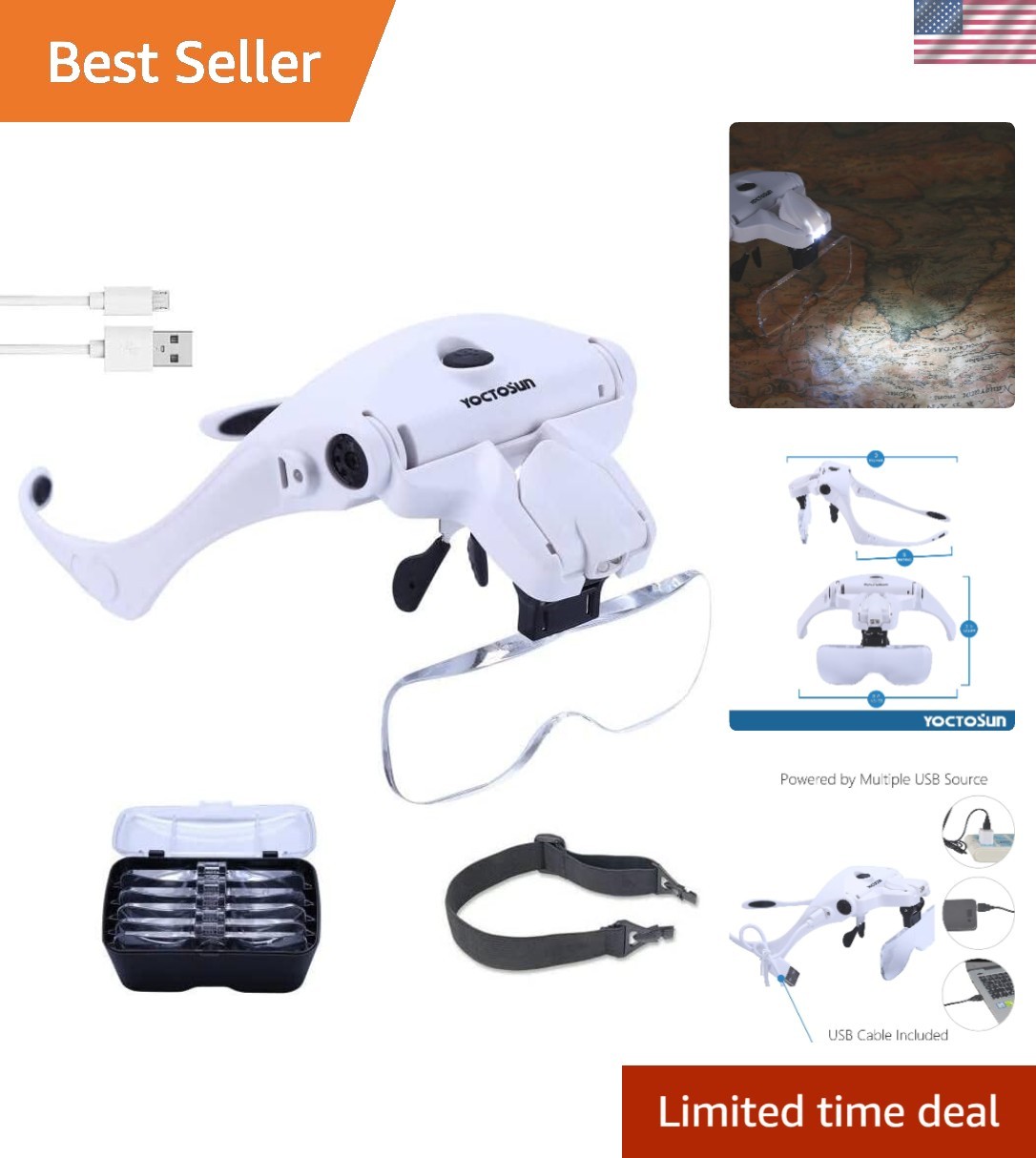 Rechargeable LED Head Magnifier with Interchangeable Lenses & Adjustable Brig...