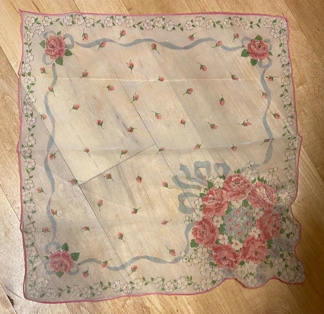 Vintage Handkerchief Hanky Pink on Sheer Floral Imprinted Roses 13 1/2"