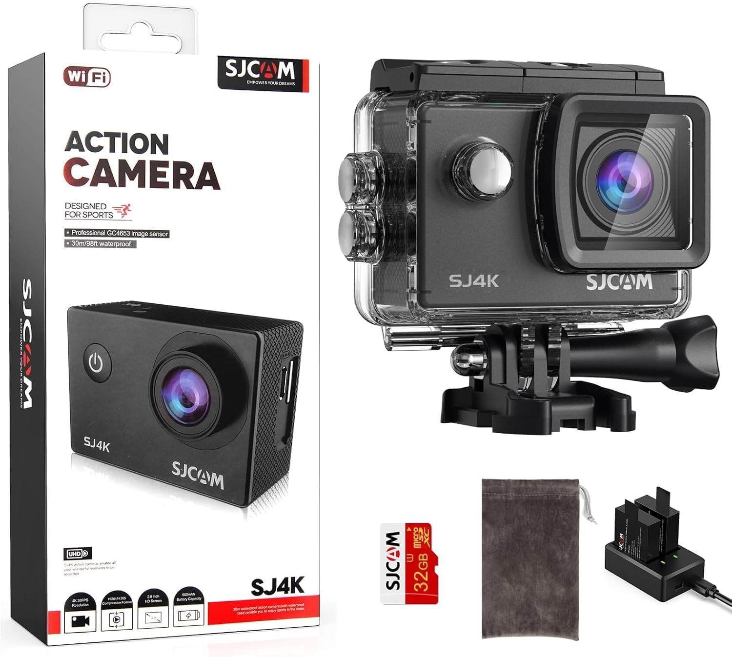 SJCAM SJ4000 Pro 4K Action Camera, 40MP, 3-Axis EIS, Waterproof, w/ Accessories