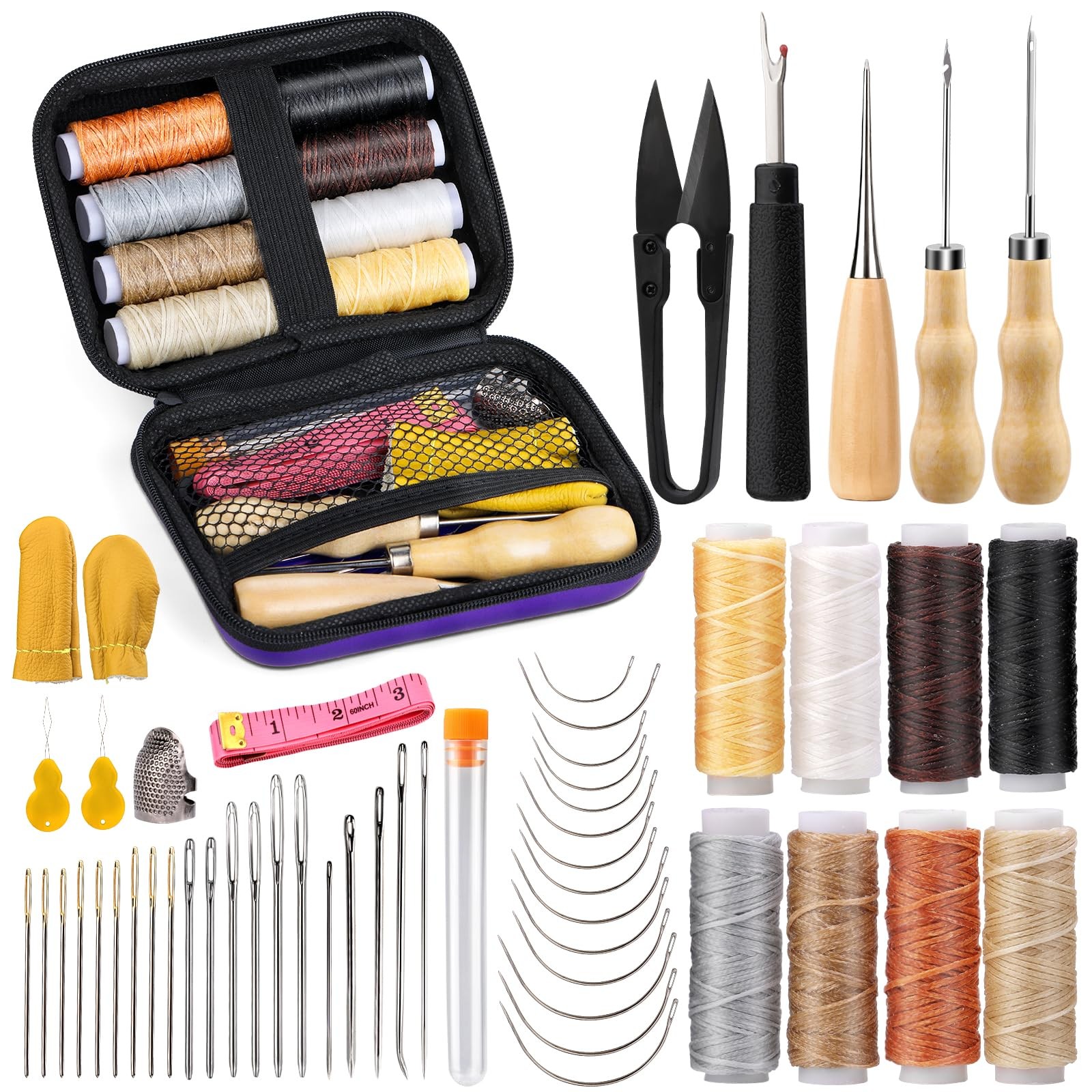 Tikjiua 54Pcs Upholstery Repair Sewing Kit, 8Pcs Waxed Thread, Leather Sewing Ne