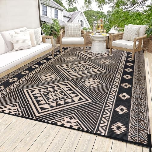  Outdoor Rug for Patios 6'x9' Outdoor Plastic Straw 6x9Ft Black&beige&orange