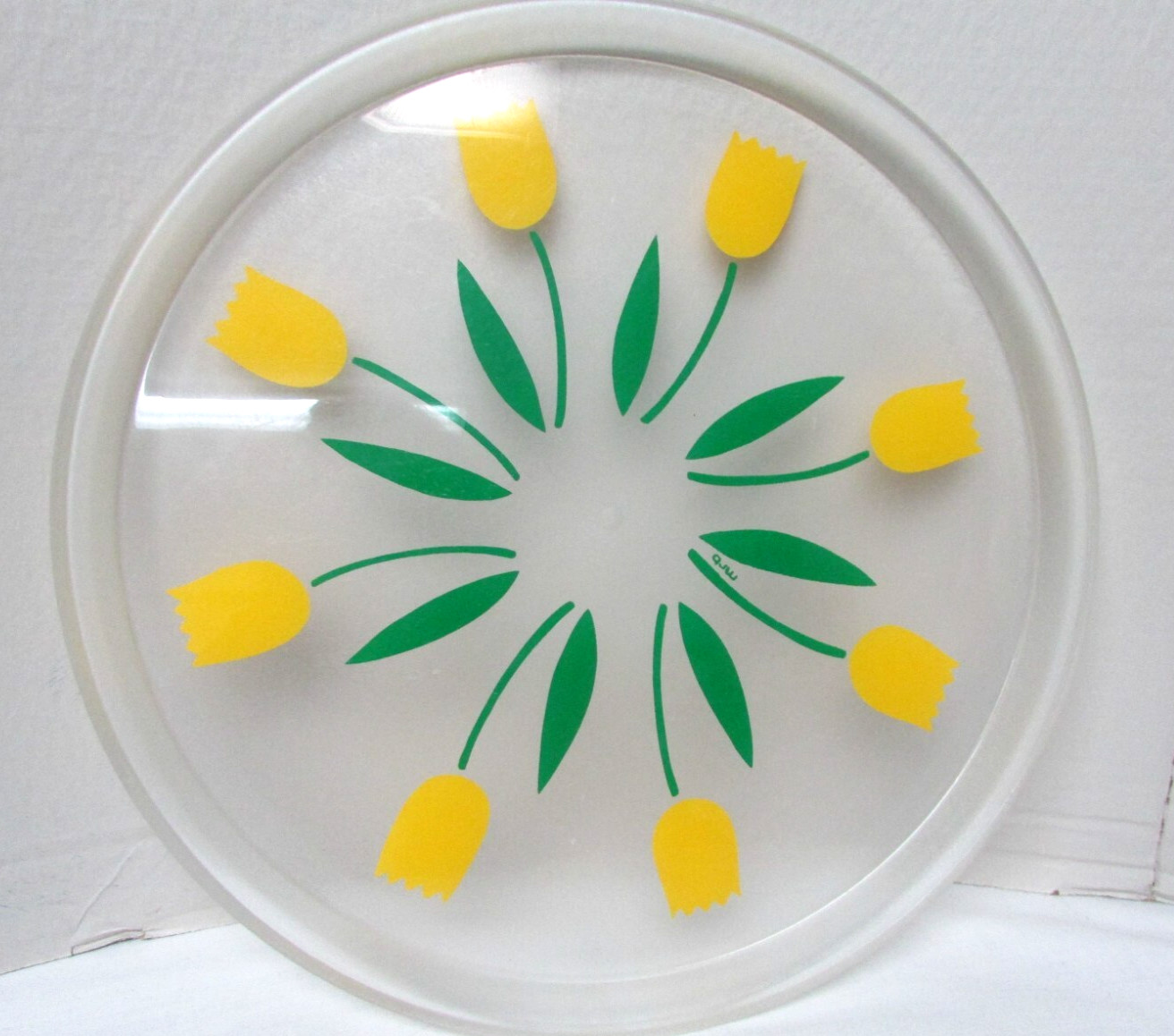 Vintage 70's  Acrylic Lucite Round Tulip Tray Yellow & Green Signed Mrb MCM 13.5