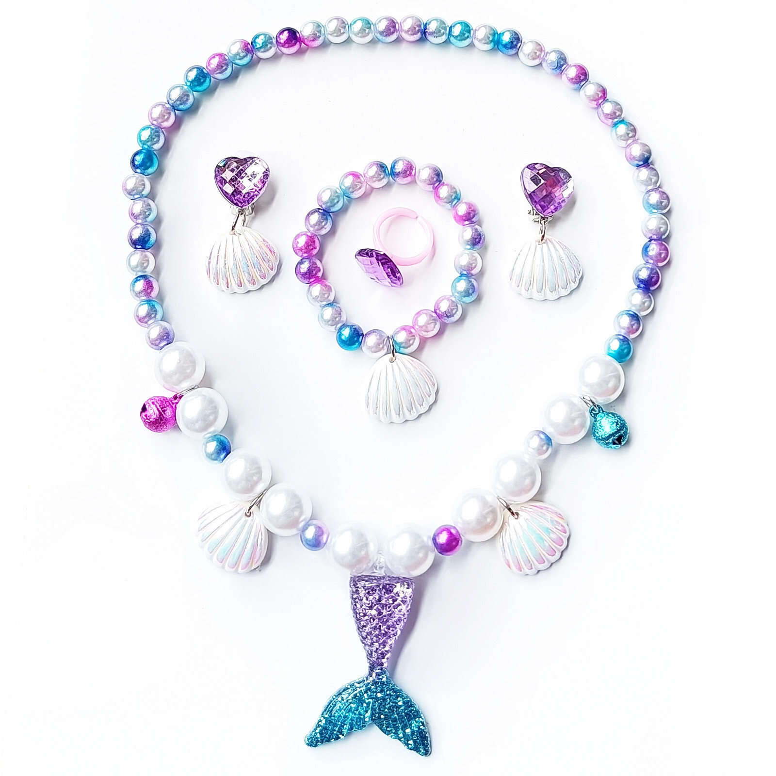 Children Jewelry Set Mermaid Shell Pink Purple Blue Necklace Bracelet Fairytale