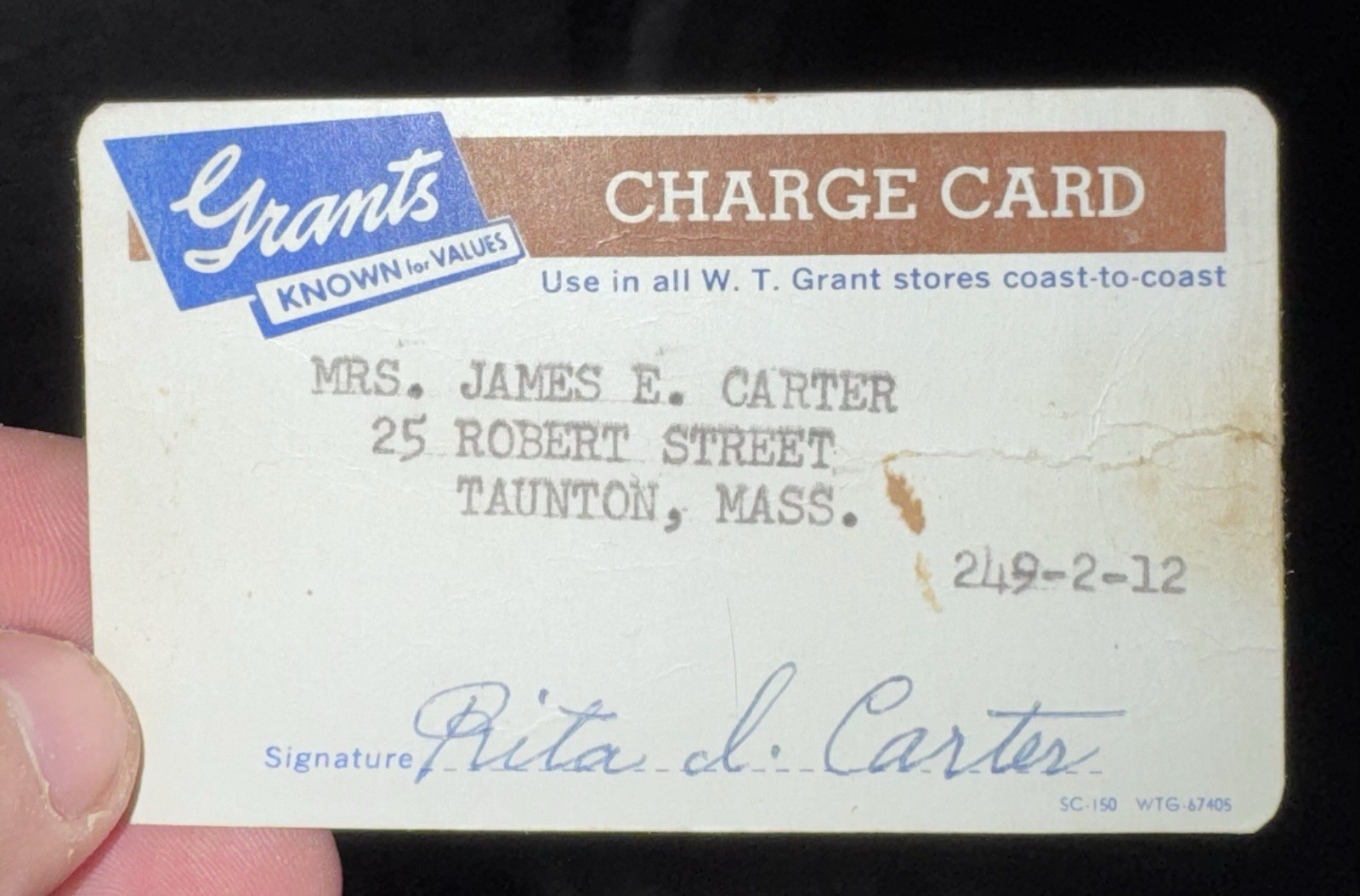 Vintage Charge Card for W. T. Grant Co. Taunton Mass.