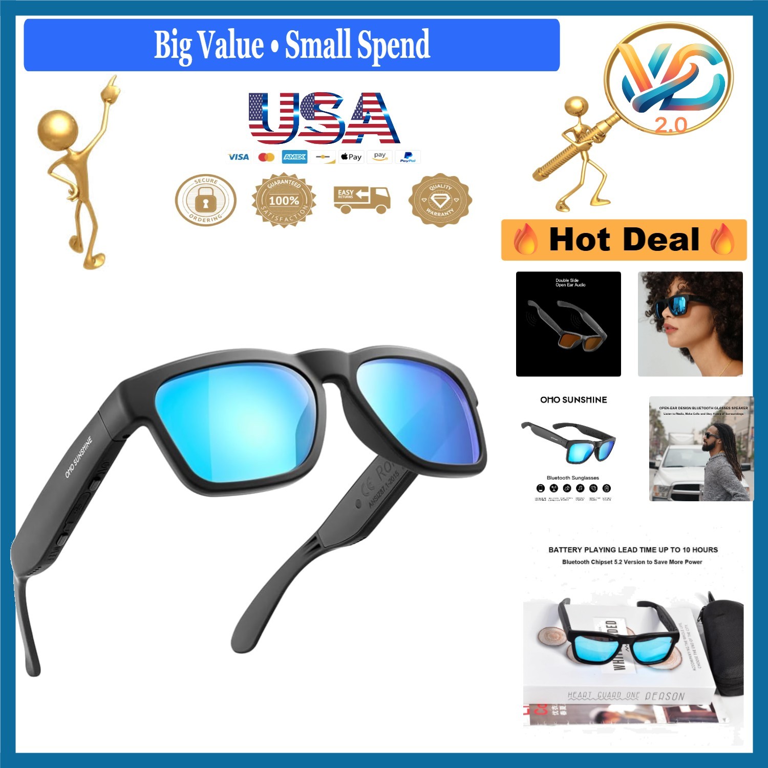 OH O Smart Glasses Bluetooth Sunglasses Polarized UV Protection Voice Control