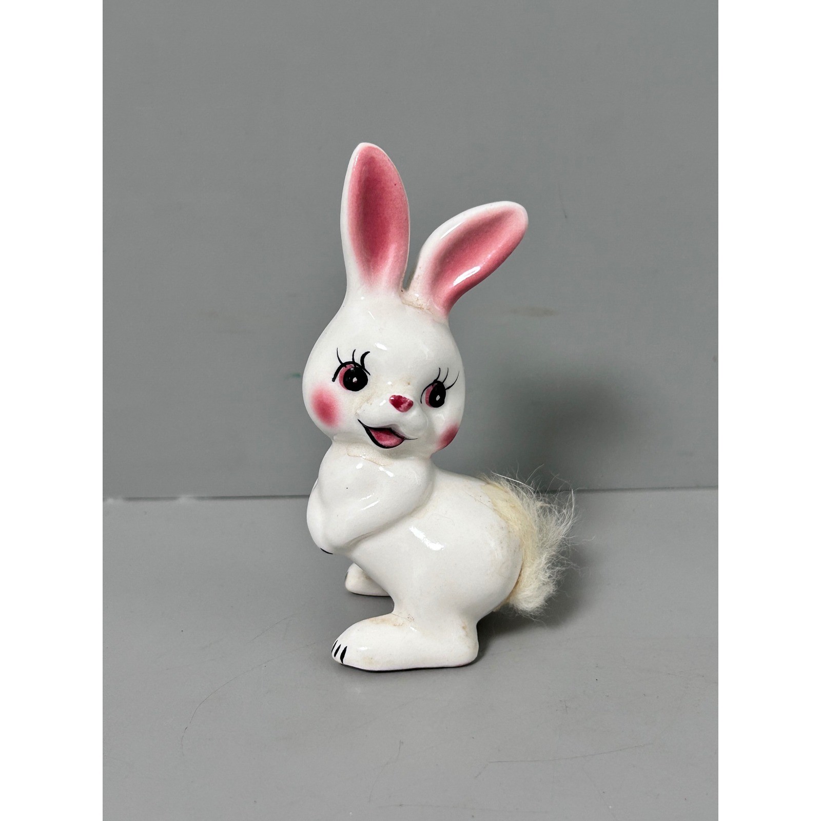 Vintage Ceramic Bunny Figurine White Pink Fur Tail Easter Rabbit A-321 3.75"