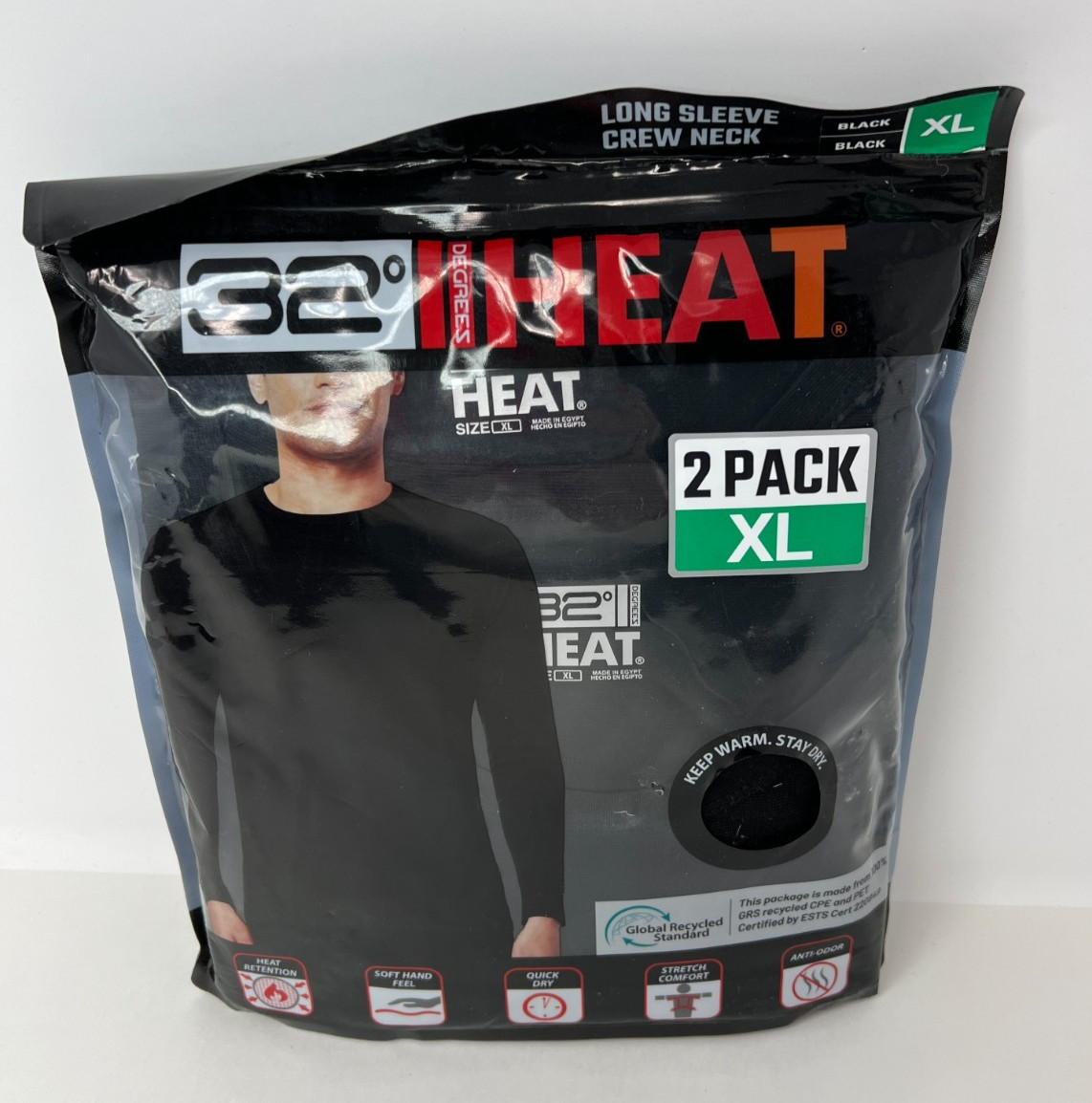 32 DEGREES Heat Men's Size XL Black Base Layer Long Sleeve Crew Neck Tee 2-Pack