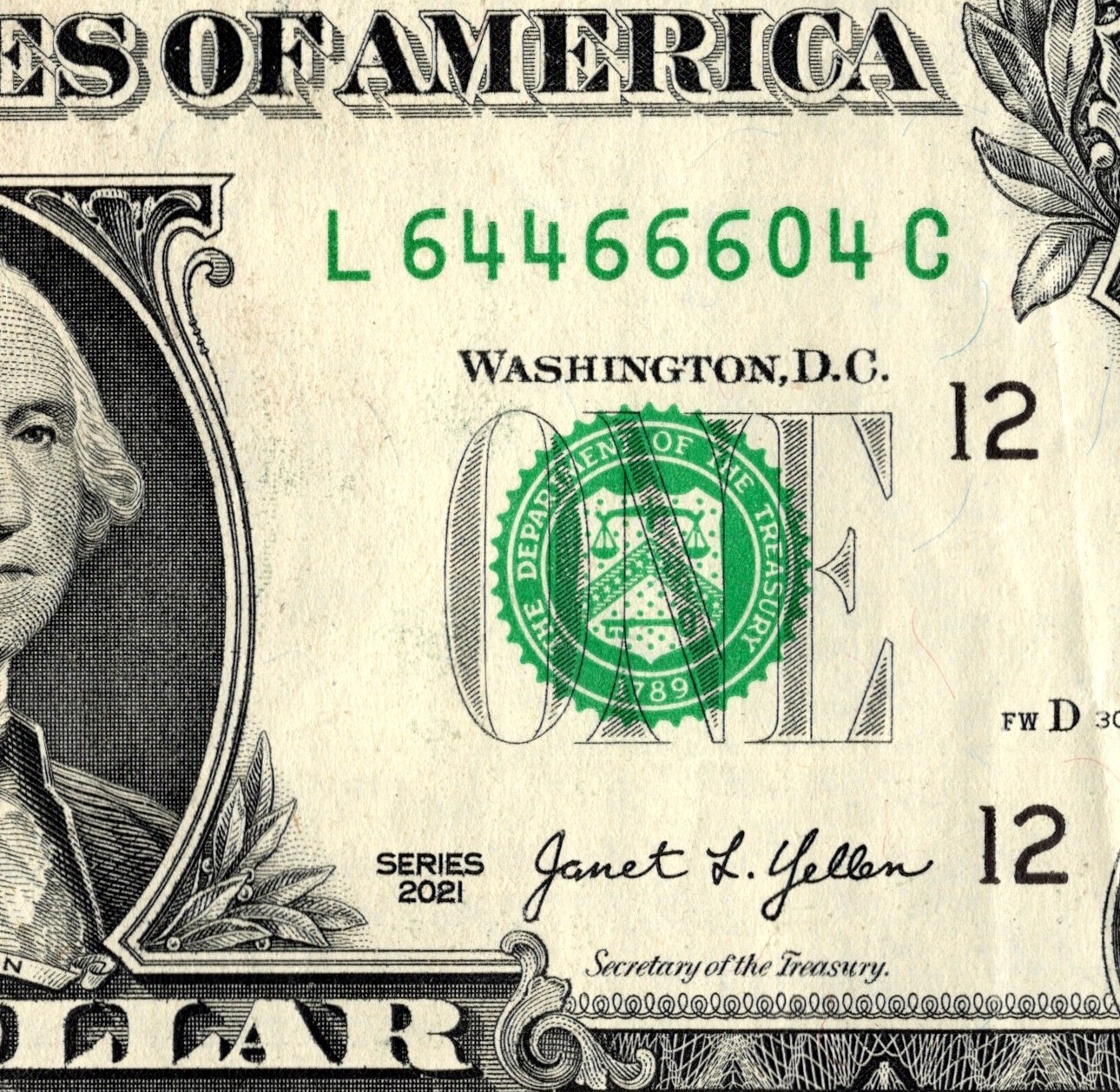 Trinary Fancy Serial Number One Dollar Bill L64466604C