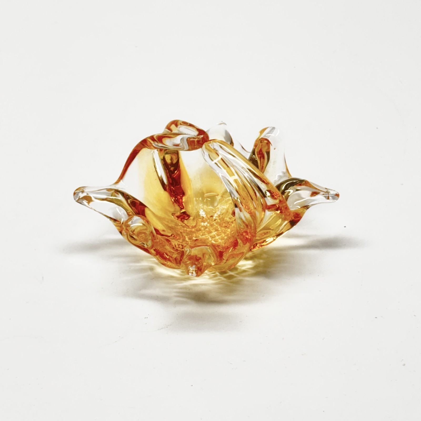 Small Basket Trinket Dish Art Glass Gold Yellow Amber Bowl 3" Vintage