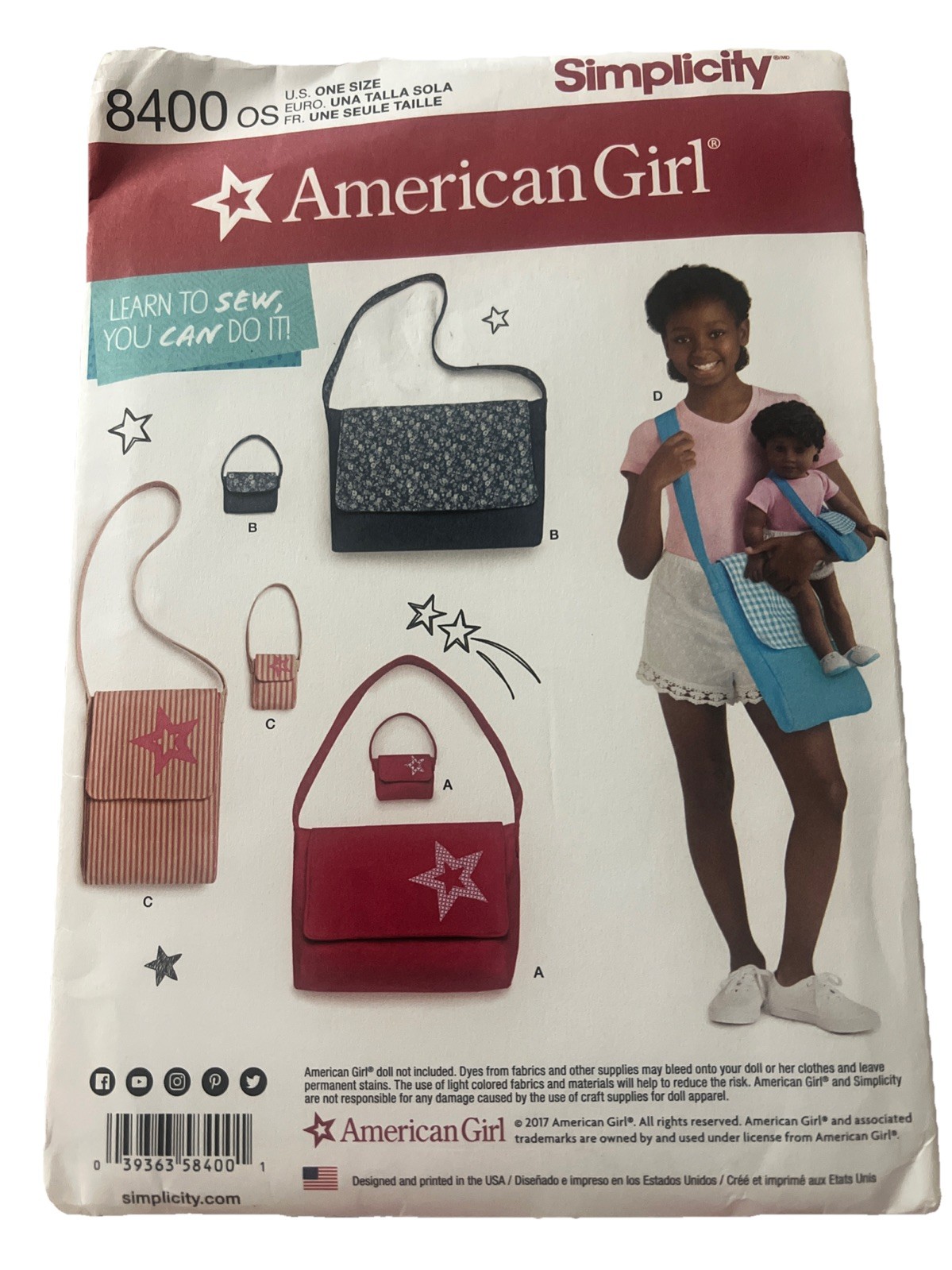 8400 Simplicity Girls and 18" Doll PURSE American Girl Tote Straps Flaps New UC