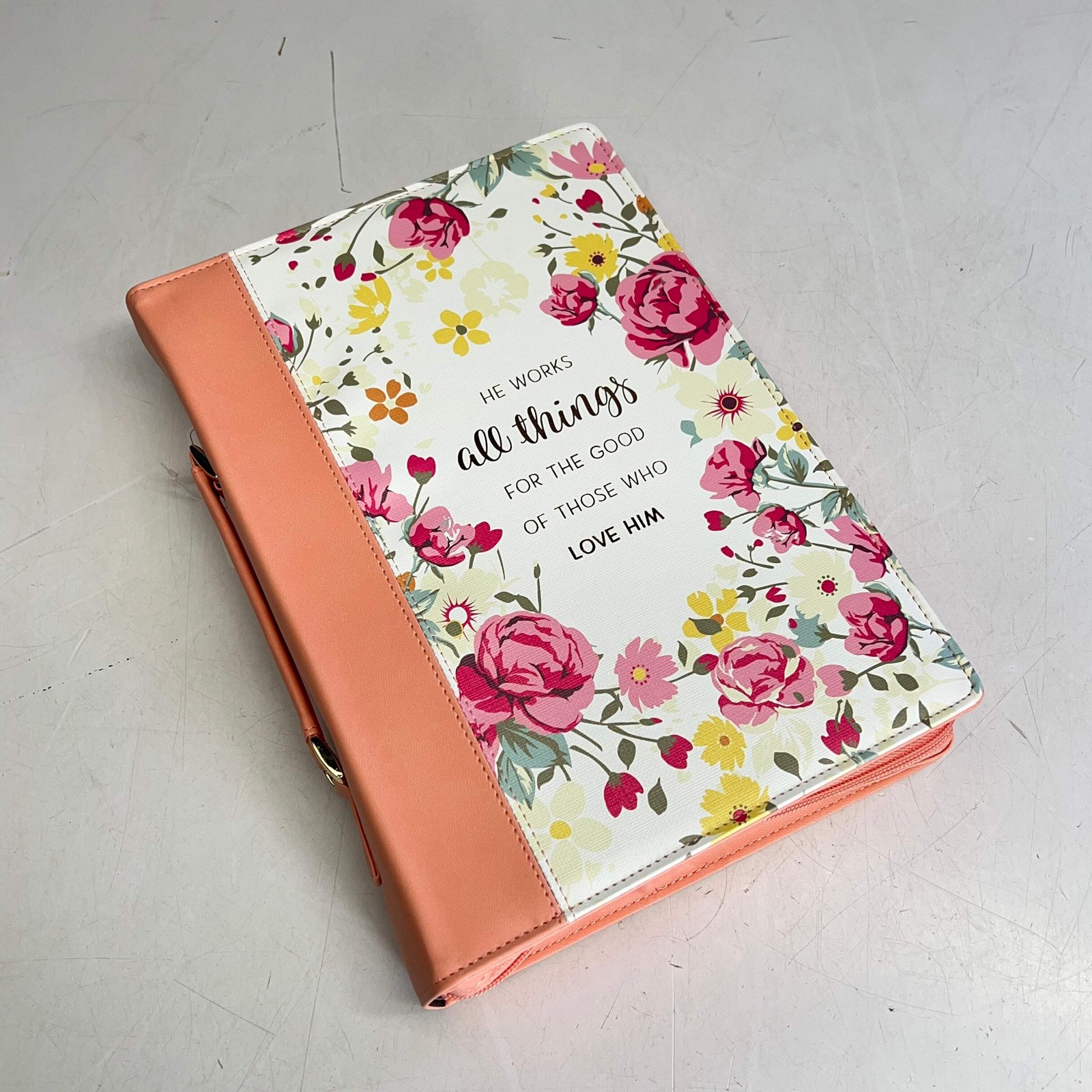 CHRISTIAN ART GIFTS Romans 8:28 Faux Leather Fashion Bible Cover 8"x11' Peach