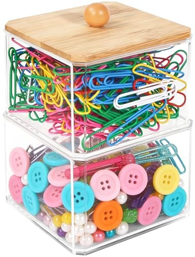 Clear Paper Clip Holder, Paperclip Holder with Bamboo Lid, Stackable 2