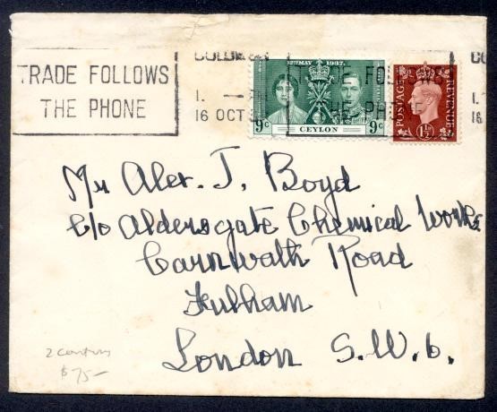 HONG KONG/UK KGVI MIX FRANKING 1937 TO UK