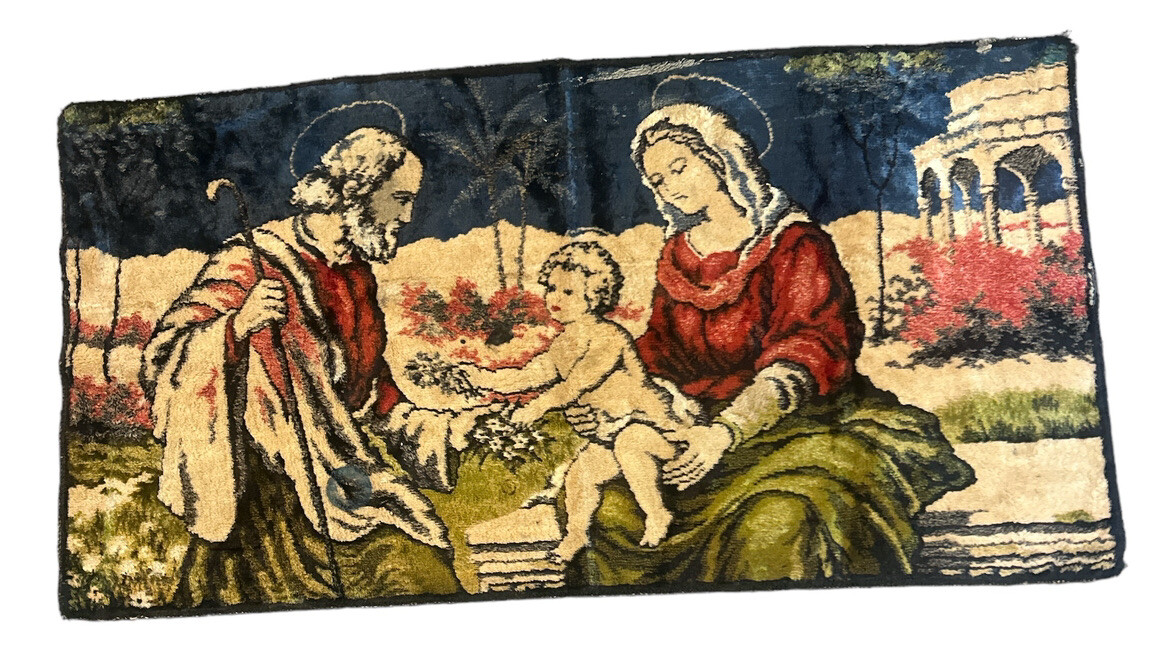 Vintage Tapestry Wall Hanging Mary Joseph Baby Jesus 36” L X 19.5 T Please Read!