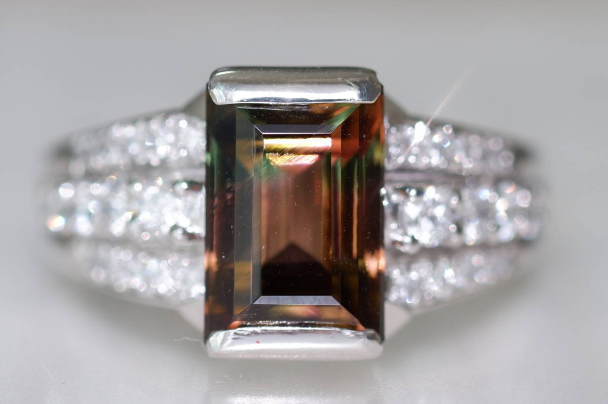 Pt900 Bicolor Tourmaline 4.10ct Diamond 0.48ct Ring Party Color Tourmaline