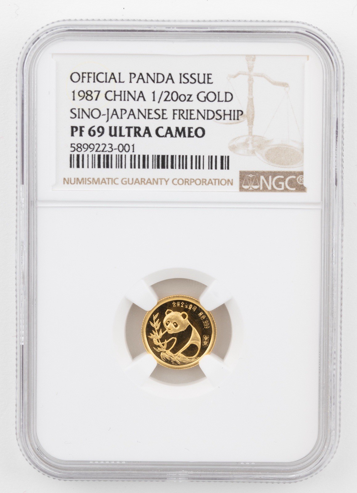 1987 P GOLD CHINA 5 YUAN PROOF PANDA 1/20oz NGC PF 69 ULTRA CAMEO - 1068b
