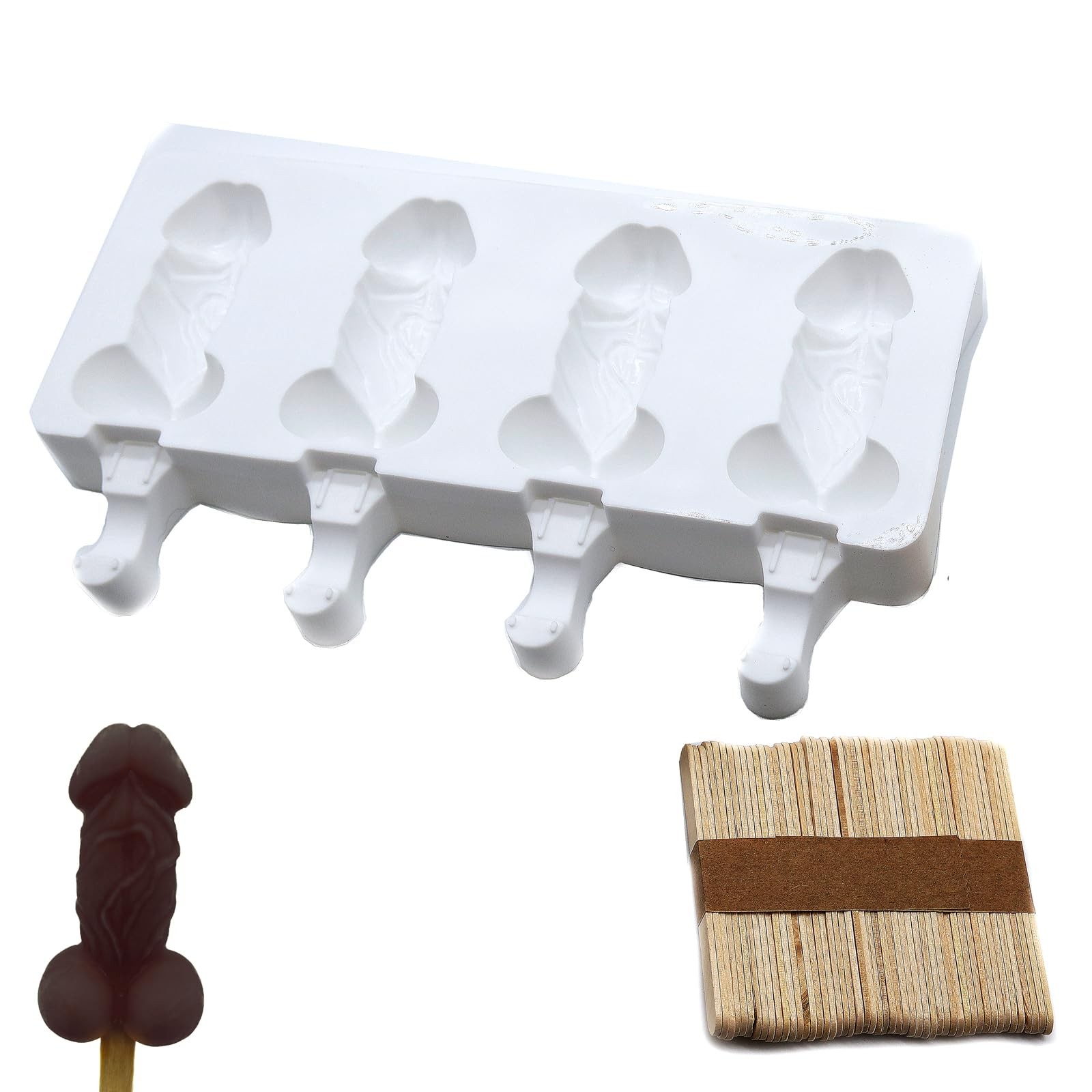 Silicone Penis Chocolate Molds with 50 Wooden Sticks, Novelty Small, White 