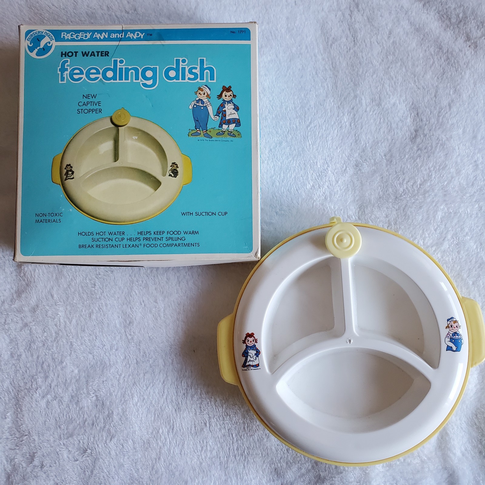 Vintage Raggedy Ann & Andy Nursery Needs Hot Water Feeding Dish W/ Box 1978