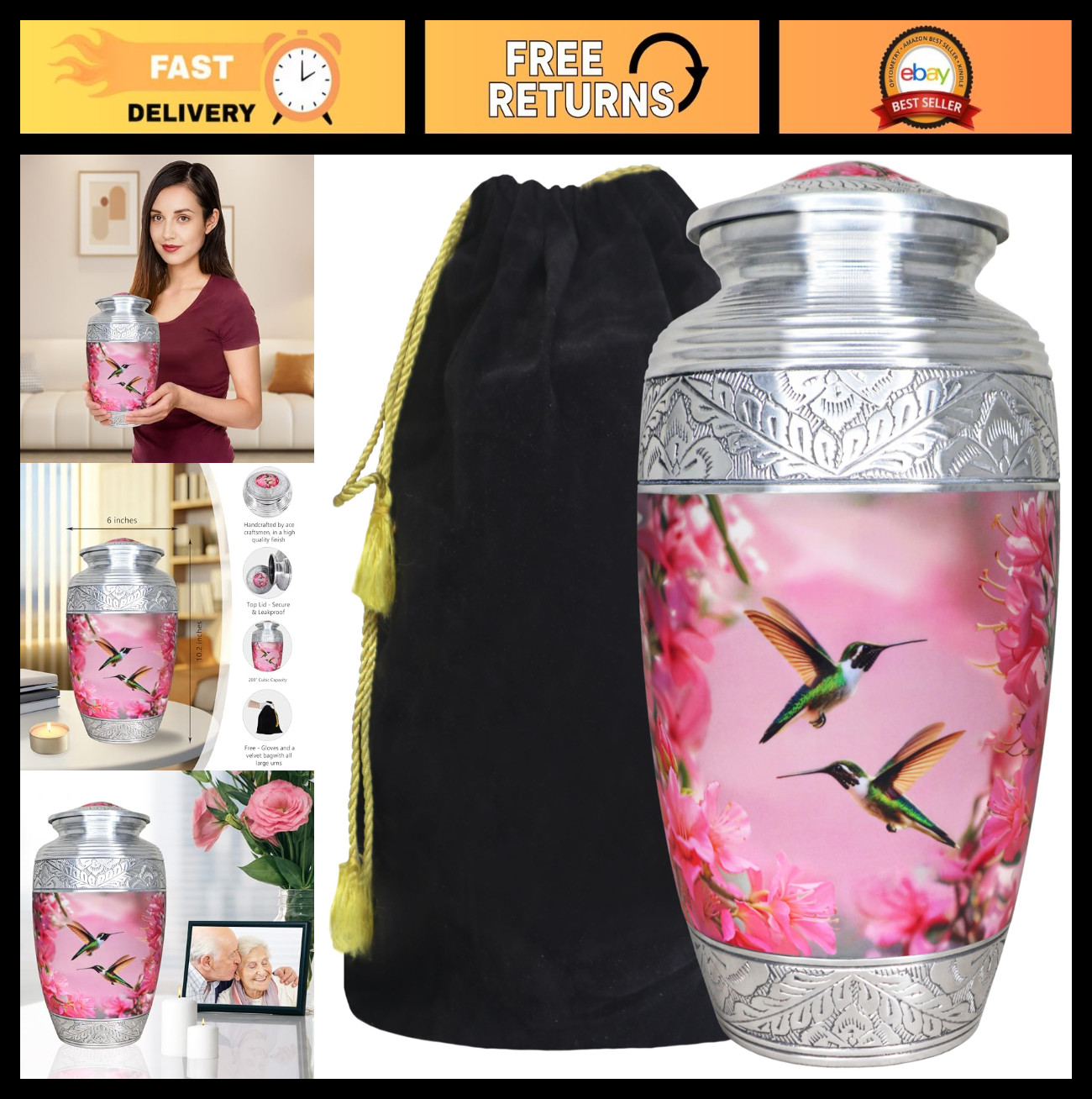 Cremation Urns for Human Ashes - Large Decorative Funeral Urn with Hummingbirds